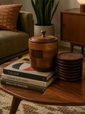 VTG Redwood? Checkered MCM Round Lidded Wood Box 8 Coaster